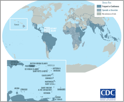 CDC World map indicating countries impacted by Dengue, with a call-out showing the Carribean Islands. Impact zone lies primarily along the equator.