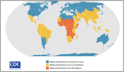 CDC world map indicating countries most impacted by malaria. Those countries primarily lie along the equator, with central African countries being the most impacted.